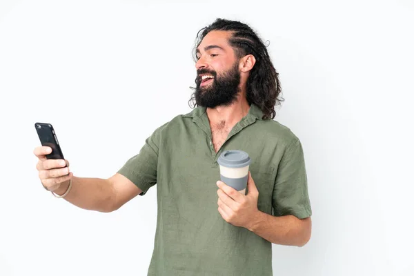 Young Man Beard Isolated White Background Holding Coffee Take Away — Stok fotoğraf