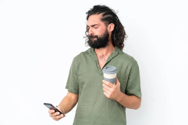Young Man Beard Isolated White Background Holding Coffee Take Away — Stok fotoğraf
