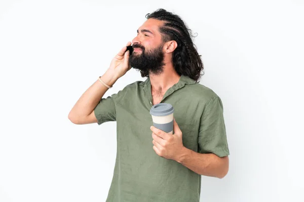 Young Man Beard Isolated White Background Holding Coffee Take Away — Stockfoto