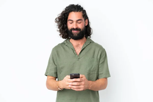Junger Mann Mit Bart Vor Isoliertem Weißem Hintergrund Sendet Eine — Stockfoto