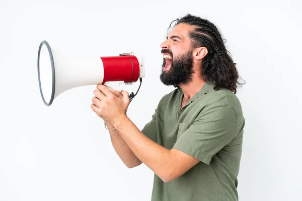 Young Man Beard Isolated White Background Shouting Megaphone — Stock Photo, Image