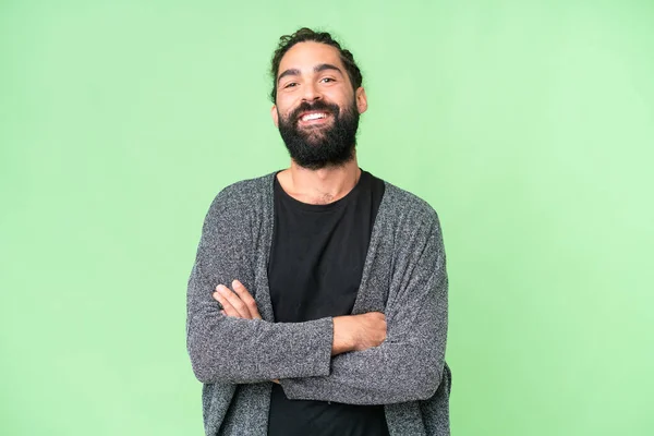 Young Man Beard Isolated Chroma Key Background Keeping Arms Crossed — Fotografia de Stock