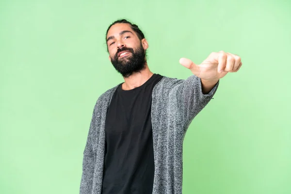 Young Man Beard Isolated Chroma Key Background Giving Thumbs Gesture — Stockfoto