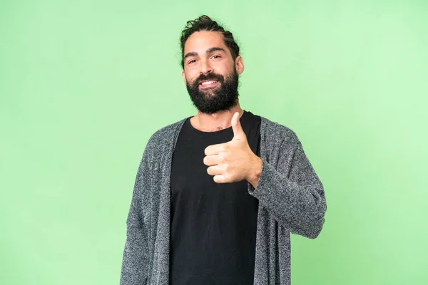 Young Man Beard Isolated Chroma Key Background Giving Thumbs Gesture — Stockfoto