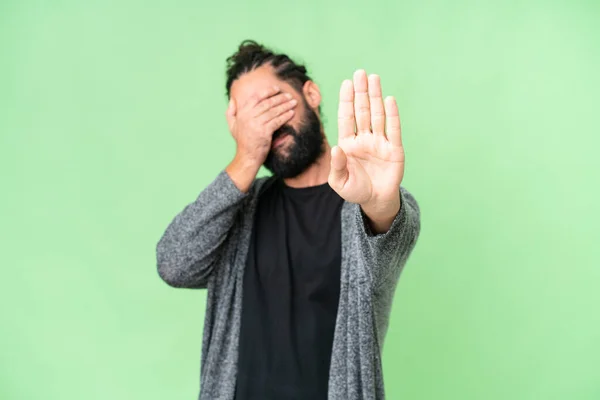 Young Man Beard Isolated Chroma Key Background Making Stop Gesture — Stock Photo, Image