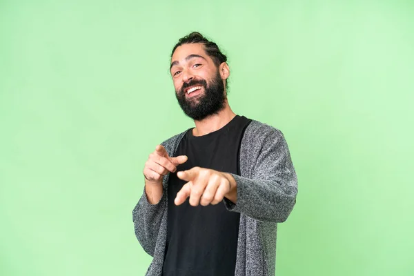 Young Man Beard Isolated Chroma Key Background Surprised Pointing Front — 图库照片