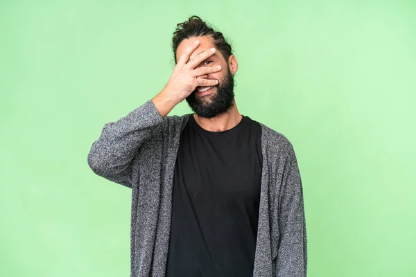 Young Man Beard Isolated Chroma Key Background Covering Eyes Hands — Stock Photo, Image