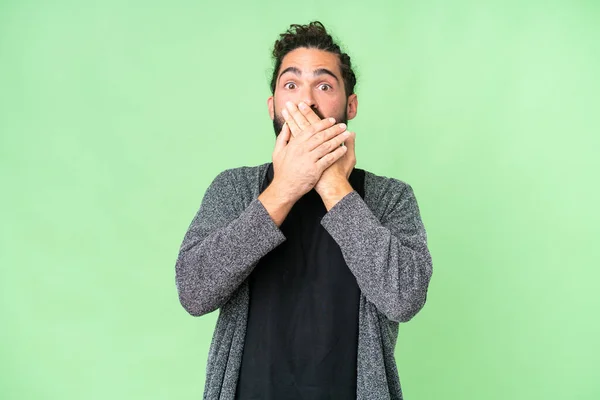 Young Man Beard Isolated Chroma Key Background Covering Mouth Hands — Stock Photo, Image
