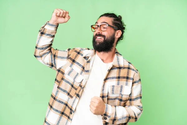 Young Man Beard Isolated Chroma Key Background Celebrating Victory — Stok fotoğraf