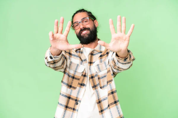 Young Man Beard Isolated Chroma Key Background Counting Nine Fingers — Foto Stock