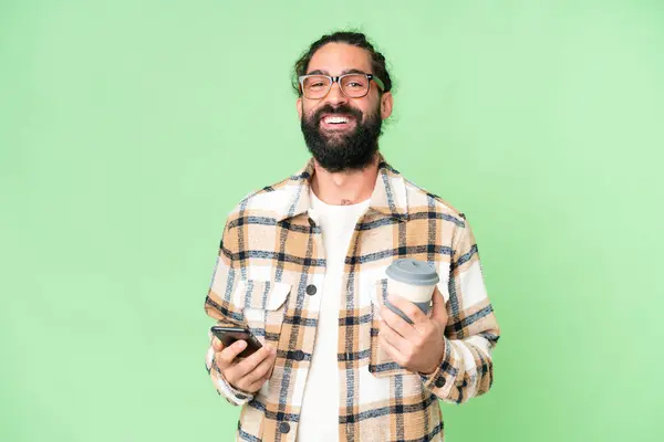 Young Man Beard Isolated Chroma Key Background Holding Coffee Take — 图库照片