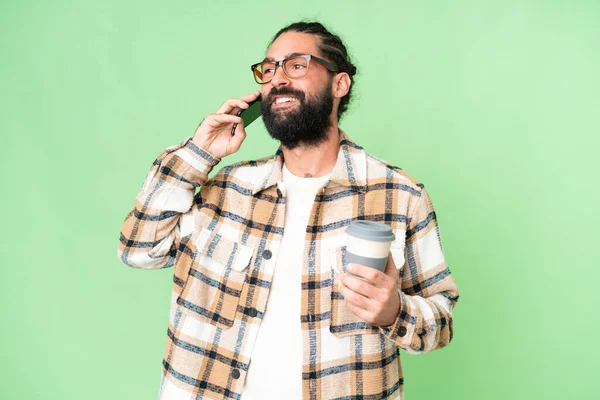Young Man Beard Isolated Chroma Key Background Holding Coffee Take — Stock fotografie