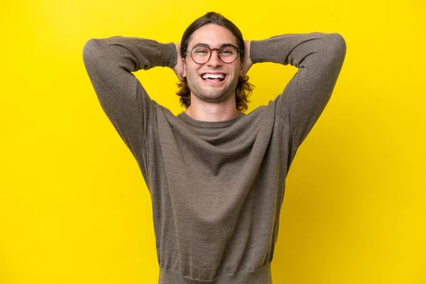 Caucasian Handsome Man Isolated Yellow Background Laughing — Foto de Stock
