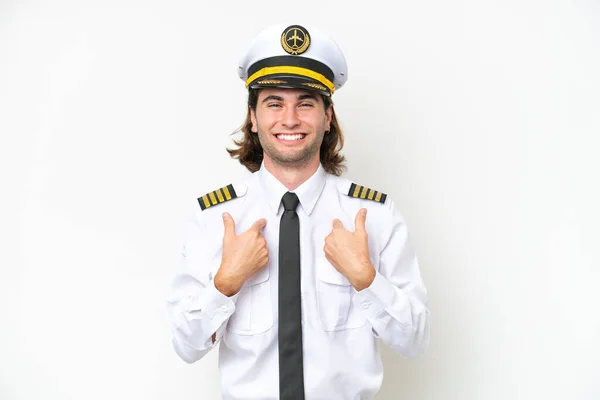 Handsome Airplane Pilot Isolated White Background Surprise Facial Expression — Fotografia de Stock