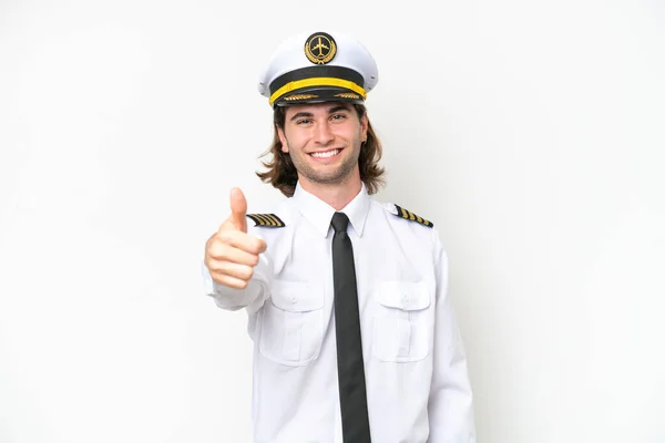 Handsome Airplane Pilot Isolated White Background Thumbs Because Something Good — Stock Photo, Image