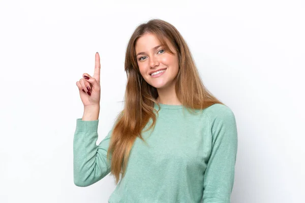 Mujer Joven Caucásica Aislada Sobre Fondo Blanco Mostrando Levantando Dedo —  Fotos de Stock