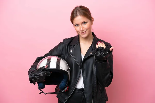 Young Caucasian Woman Motorcycle Helmet Isolated Pink Background Inviting Come — Stock Photo, Image
