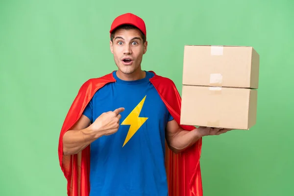 Super Hero Delivery Man Isolated Background Surprise Facial Expression — 스톡 사진