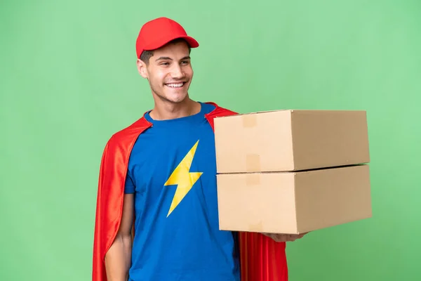 Super Hero Delivery Man Isolated Background Looking Side Smiling — Stock Photo, Image
