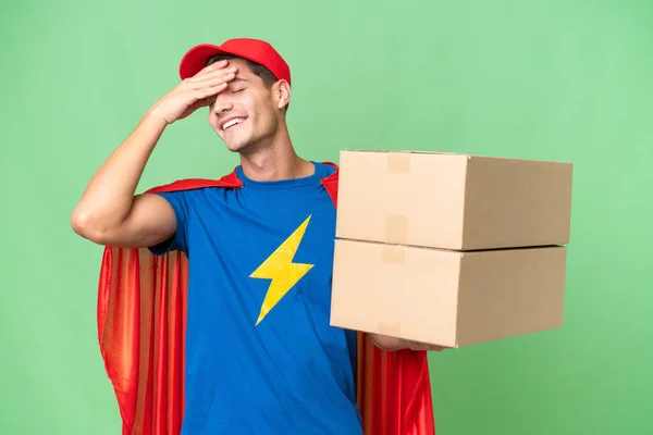 Super Hero Delivery Man Isolated Background Has Realized Something Intending — Zdjęcie stockowe