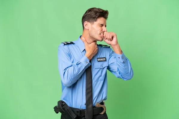 Молодий Поліцейський Над Ізольованим Тлом Страждає Від Кашлю Погано Себе — стокове фото