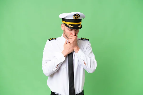 Vliegtuig Piloot Man Geïsoleerde Achtergrond Lijdt Met Hoest Het Gevoel — Stockfoto