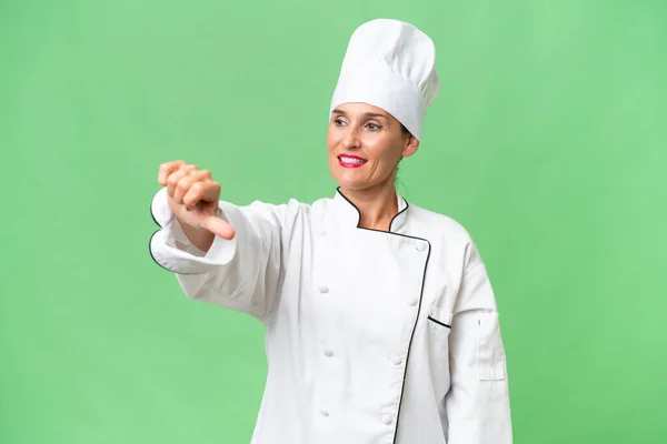 Middle Aged Chef Woman Isolated Background Giving Thumbs Gesture — Stock Photo, Image