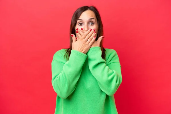 Middle Aged Caucasian Woman Isolated Red Background Covering Mouth Hands — Stock Photo, Image