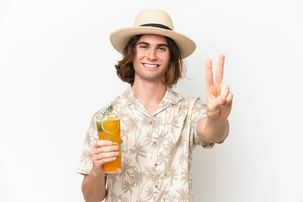 Young Handsome Man Holding Cocktail Isolated White Background Smiling Showing — Stock Photo, Image