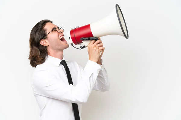 Business Handsome Man Isolated White Background Shouting Megaphone — Stock Photo, Image