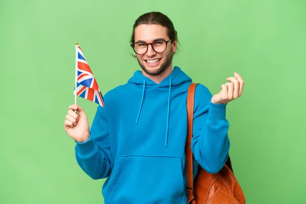Young Handsome Man Holding United Kingdom Flag Isolated Background Making — Stock Photo, Image