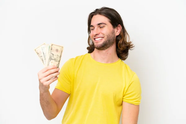 Νεαρός Όμορφος Άντρας Παίρνει Πολλά Χρήματα Απομονωμένος Λευκό Φόντο Χαρούμενη — Φωτογραφία Αρχείου