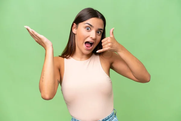 Young Caucasian Woman Isolated Green Chroma Background Making Phone Gesture — Stock Photo, Image