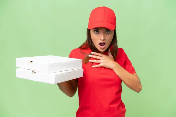 Pizza Consegna Donna Caucasica Con Uniforme Lavoro Raccogliendo Scatole Pizza — Foto Stock