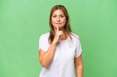 Orta yaşlı beyaz kadın, izole edilmiş geçmişinde parmağını ağzına sokan sessiz bir jest işareti var.