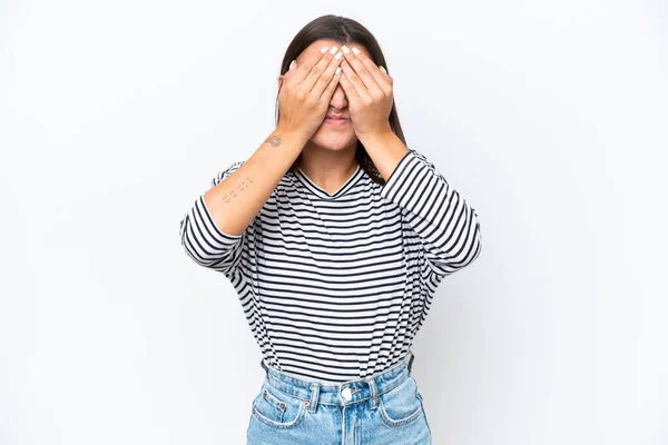 Young Caucasian Woman Isolated White Background Covering Eyes Hands — Stock Photo, Image