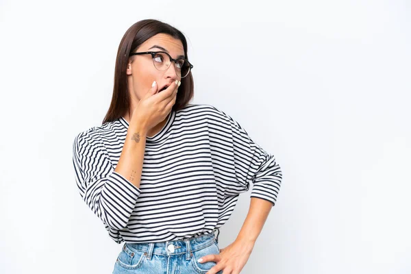 Young Caucasian Woman Isolated White Background Doing Surprise Gesture While — Stock Photo, Image