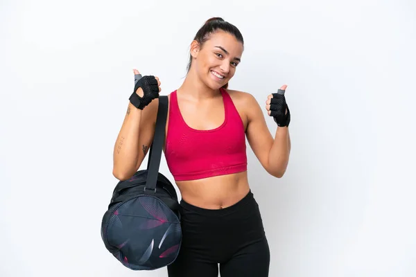 Young Sport Woman Sport Bag Isolated White Background Thumbs Gesture — Stock Photo, Image