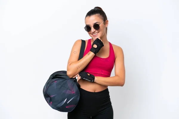 Young Sport Woman Sport Bag Isolated White Background Glasses Smiling — Stockfoto