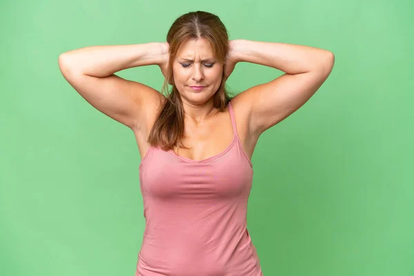 Middle Aged Caucasian Woman Isolated Background Frustrated Covering Ears — Stock Photo, Image