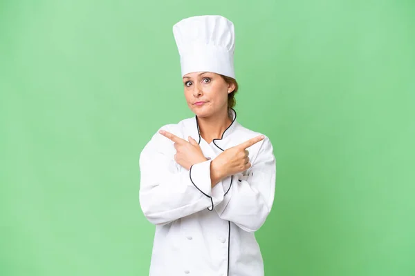 Chef Donna Mezza Età Sfondo Isolato Che Punta Laterali Avendo — Foto Stock