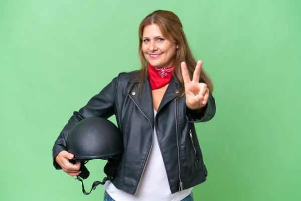 Middle Aged Caucasian Woman Motorcycle Helmet Isolated Background Smiling Showing — Stock Photo, Image