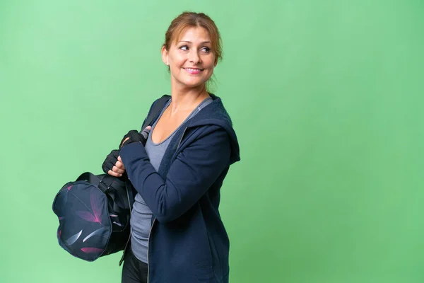 Middle Aged Sport Woman Sport Bag Isolated Background Arms Crossed — Stock Photo, Image