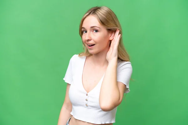 Jonge Engelse Vrouw Geïsoleerde Achtergrond Luisteren Naar Iets Door Hand — Stockfoto