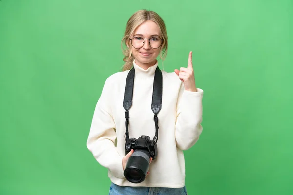 Young Photographer English Woman Isolated Background Pointing Index Finger Great — Stock Fotó