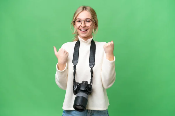 Young Photographer English Woman Isolated Background Celebrating Victory Winner Position — Stock Photo, Image