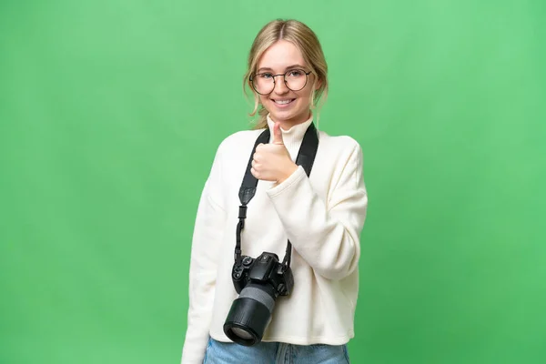 Young Photographer English Woman Isolated Background Giving Thumbs Gesture — Photo