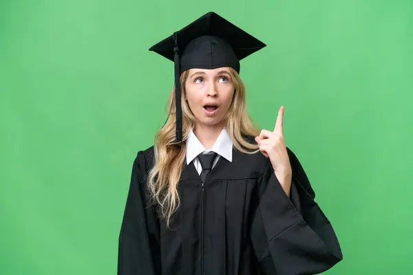 Jovem Universitária Inglês Pós Graduação Mulher Sobre Fundo Isolado Pensando — Fotografia de Stock