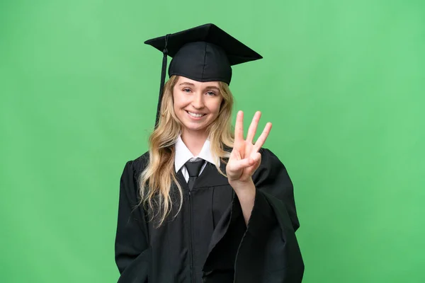 Jovem Universitária Inglês Pós Graduação Mulher Sobre Fundo Isolado Feliz — Fotografia de Stock