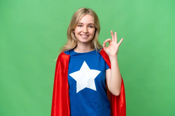 Super Hero English Woman Isolated Background Showing Sign Fingers — Stock Photo, Image